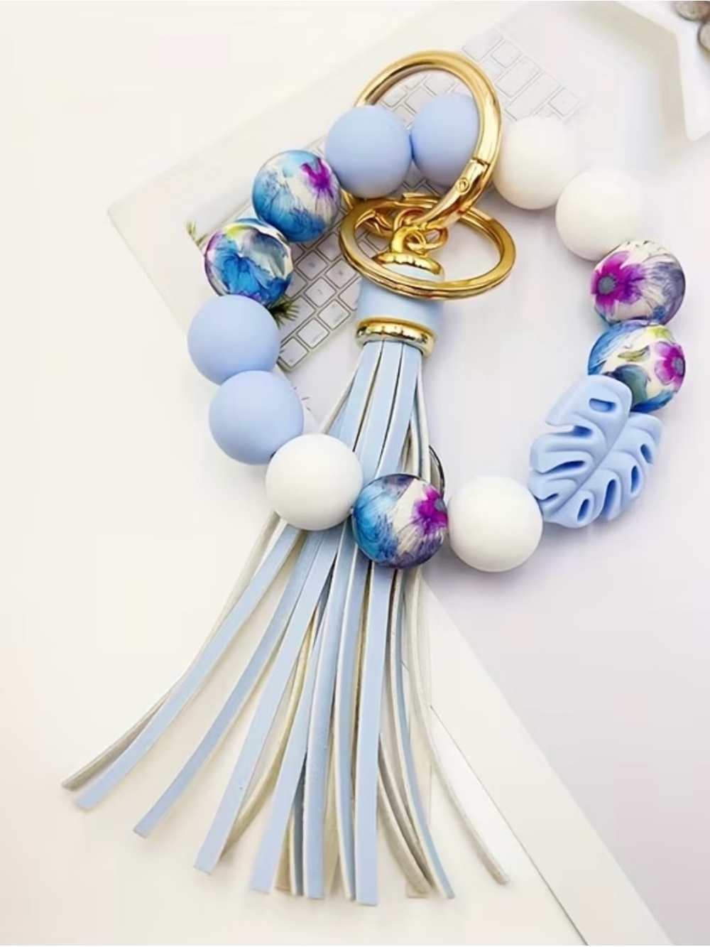 Blue Floral Beaded Tassel Keyring & Card Holder